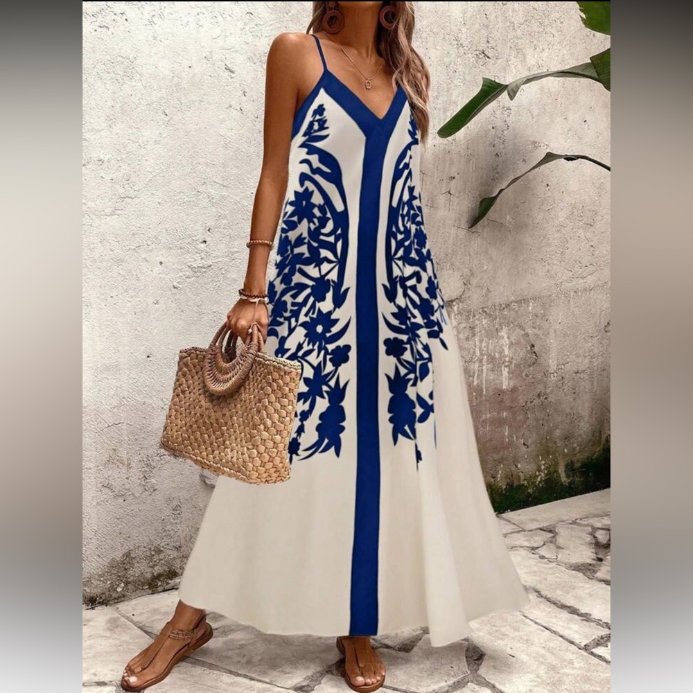 Blue and White Floral Print Maxi Dress - Picture 4 of 7